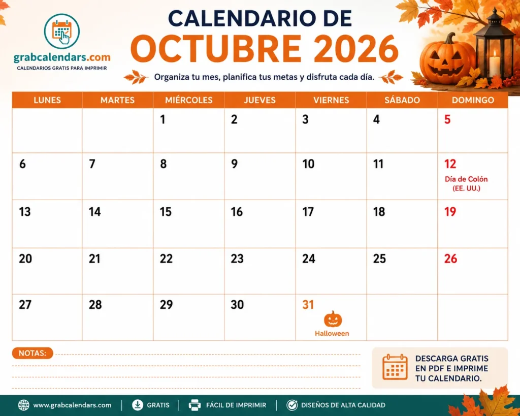 Calendario de Octubre 2026