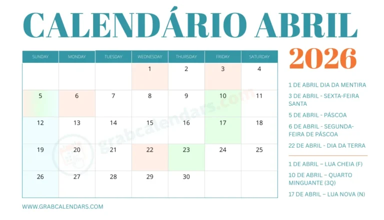 Calendário Abril 2026 Brazil